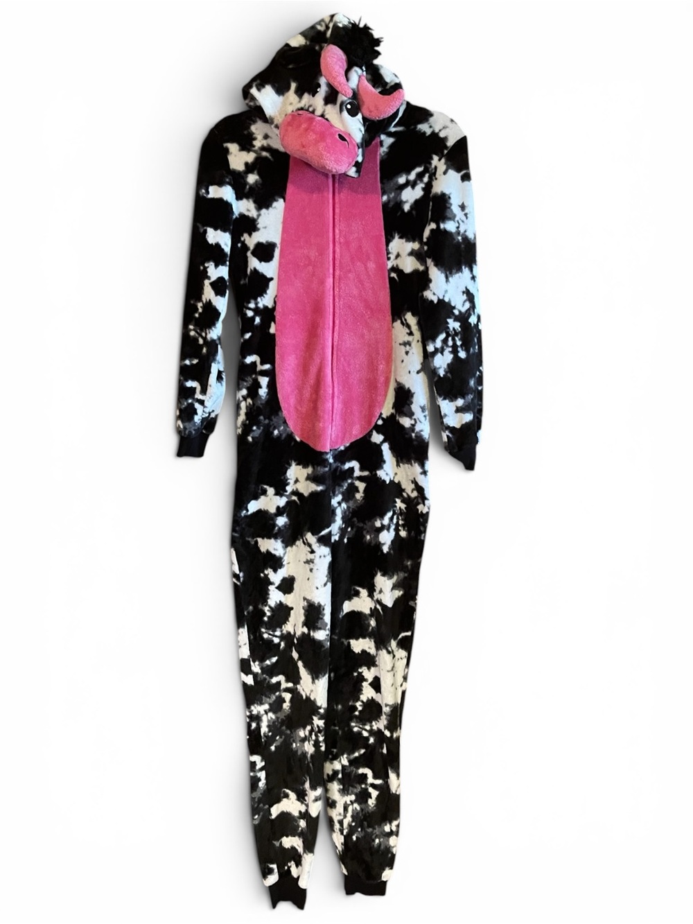 Celebrate Halloween Cow Costume Womens XS Onesie One Piece Zip Up Pajamas Plush